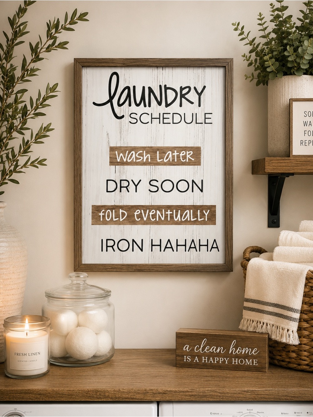 Wall Art: laundry schedule wash layer dry soon fold eventually iron haha; new